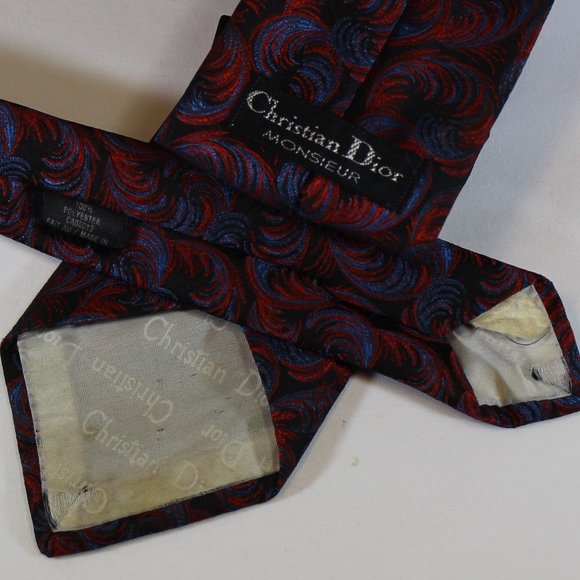 VTG Christian Dior Tie Blue & Red Feather on Dark - Picture 3 of 3